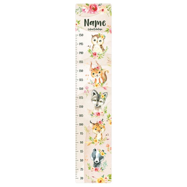 Wall stickers height measure bar Watercolour flowers forest animals with custom name