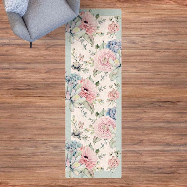 Runner rugs Watercolour Flower Bouquet With Succulents and Frame