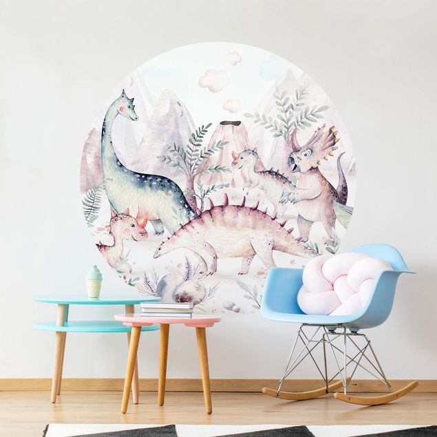 Self-adhesive round wallpaper - Watercolour World Of Dinosaurs