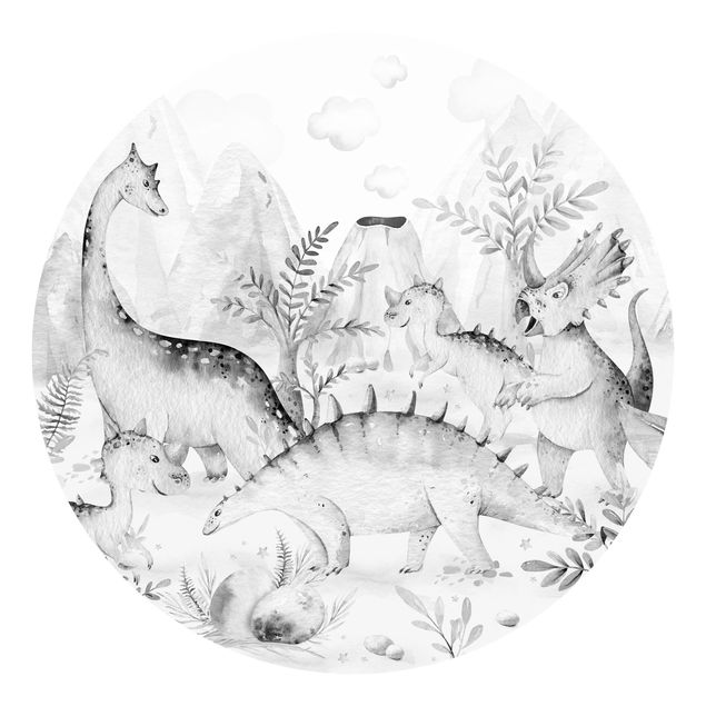 Self-adhesive round wallpaper - Watercolour World Of Dinosaurs Black And White