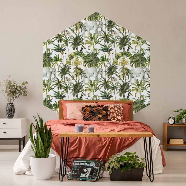 Self-adhesive hexagonal pattern wallpaper - Watercolour Elephant And Palm Pattern