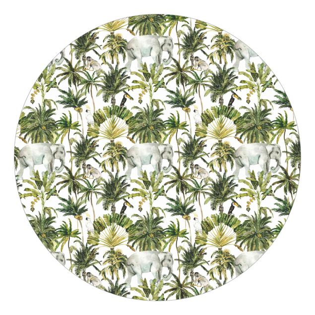 Self-adhesive round wallpaper - Watercolour Elephant And Palm Pattern
