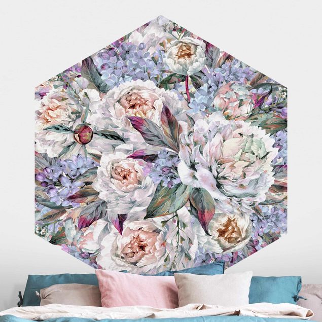 Self-adhesive hexagonal wall mural Watercolour Lilac Peony Bouquet