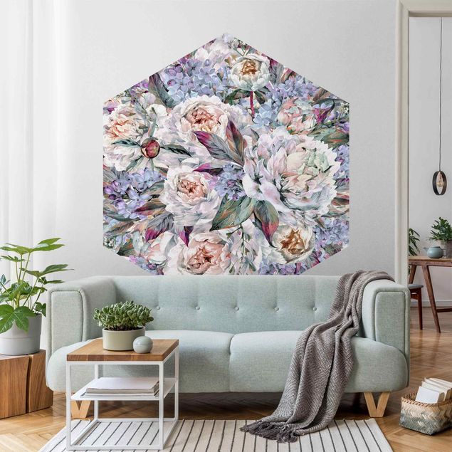 Self-adhesive hexagonal pattern wallpaper - Watercolour Lilac Peony Bouquet