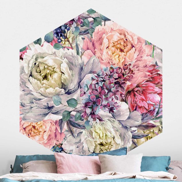 Hexagonal wallpapers Watercolour Floral Bouquet