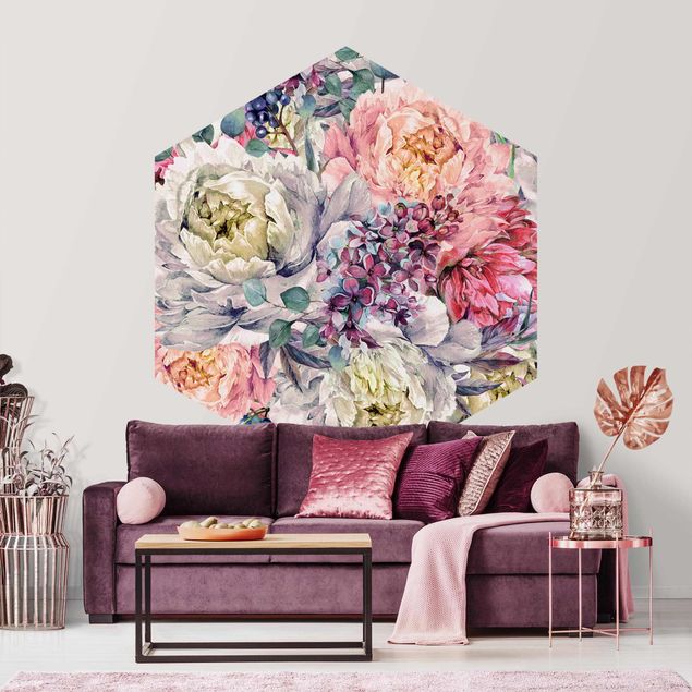 Self-adhesive hexagonal pattern wallpaper - Watercolour Floral Bouquet