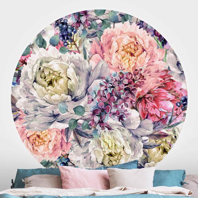 Self-adhesive round wallpaper - Watercolour Floral Bouquet
