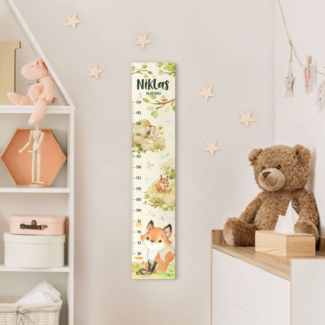 Wooden height chart for kids - Watercolour fox with custom name