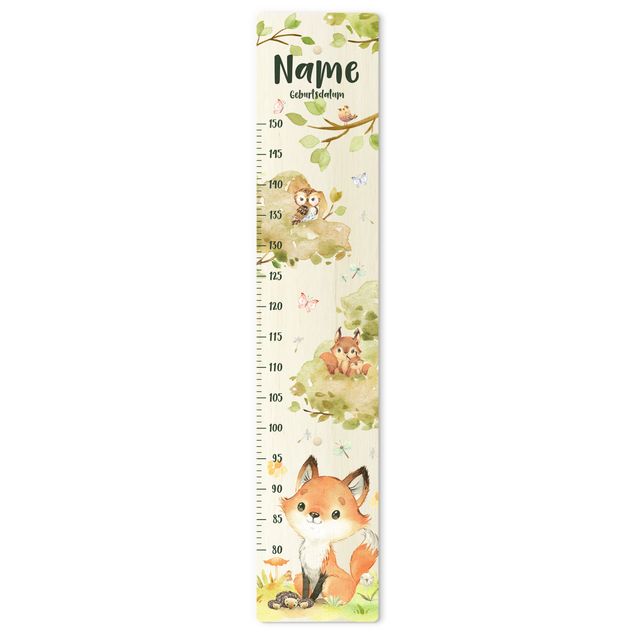 Wooden height chart for kids - Watercolour fox with custom name