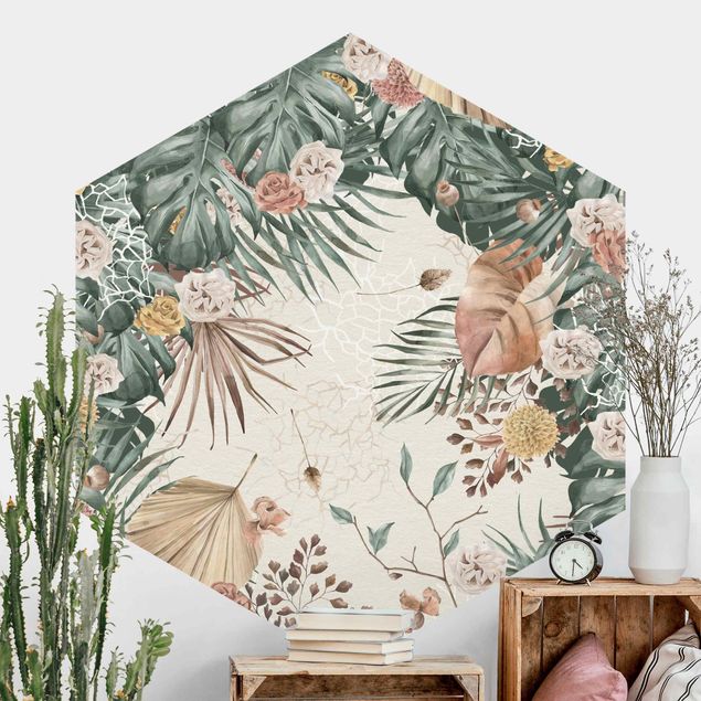 Self-adhesive hexagonal wall mural Watercolour Dried Flowers With Ferns