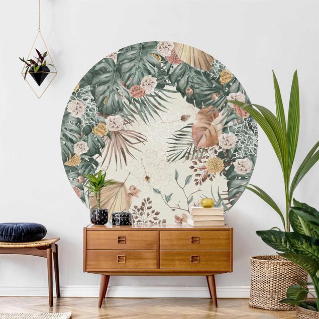 Self-adhesive round wallpaper - Watercolour Dried Flowers With Ferns
