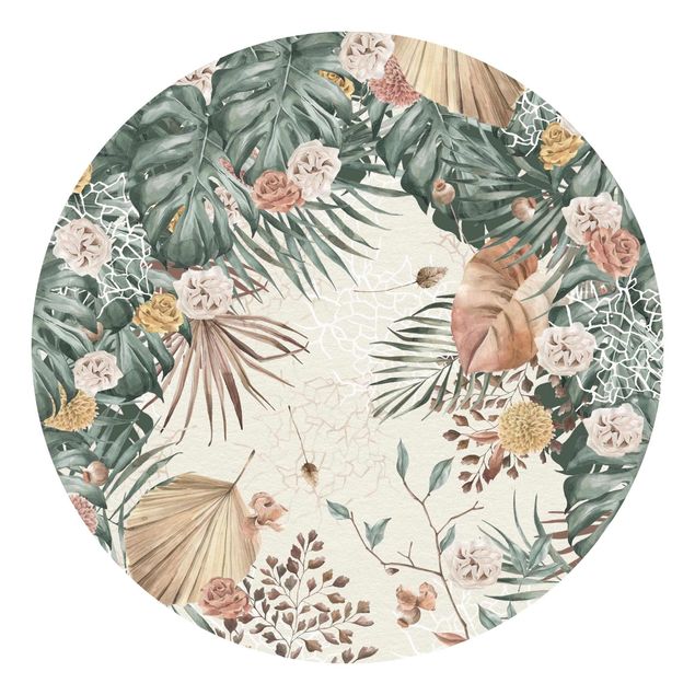Self-adhesive round wallpaper - Watercolour Dried Flowers With Ferns