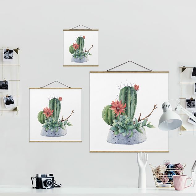Fabric print with poster hangers - Watercolour Cacti Illustration - Square 1:1