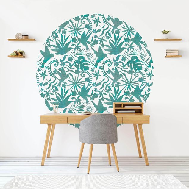 Self-adhesive round wallpaper - Watercolour Hummingbird And Plant Silhouettes Pattern In Turquoise