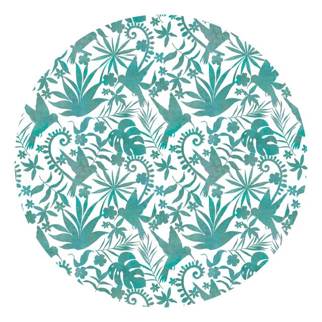 Self-adhesive round wallpaper - Watercolour Hummingbird And Plant Silhouettes Pattern In Turquoise