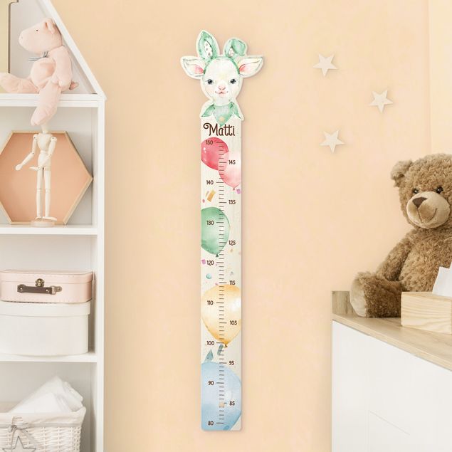 Wooden height chart for kids - Watercolour balloon little sheep with custom name