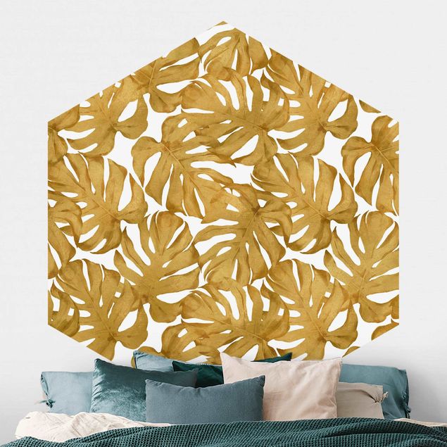 Hexagonal wall mural Watercolour Monstera Leaves In Gold