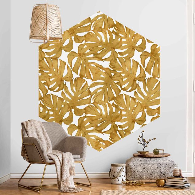 Self-adhesive hexagonal pattern wallpaper - Watercolour Monstera Leaves In Gold