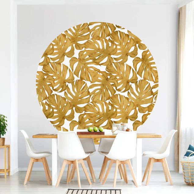 Self-adhesive round wallpaper - Watercolour Monstera Leaves In Gold