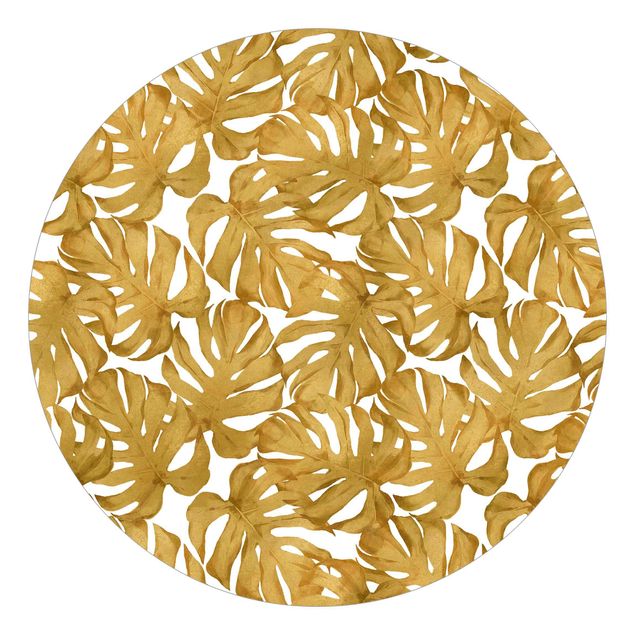 Self-adhesive round wallpaper - Watercolour Monstera Leaves In Gold