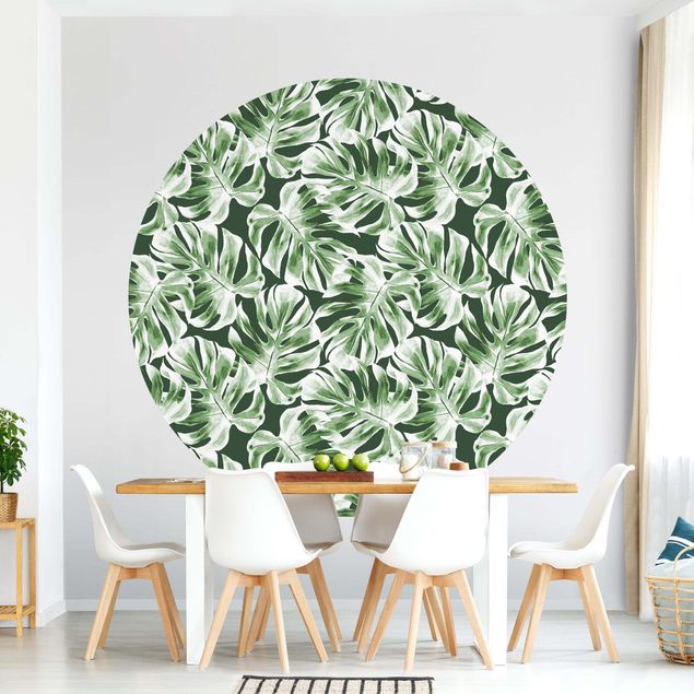 Self-adhesive round wallpaper - Watercolour Monstera Leaves In Front Of Green