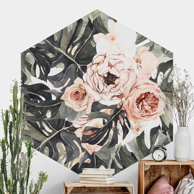 Hexagonal wallpapers Watercolour Monstera Bouquet