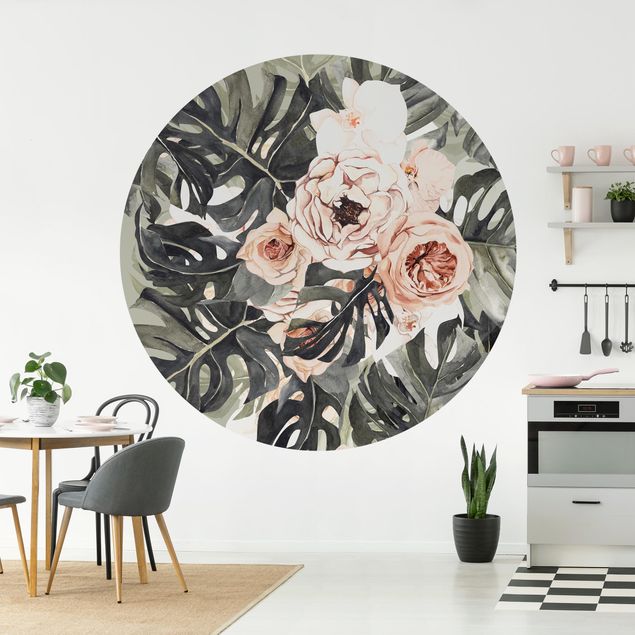 Self-adhesive round wallpaper - Watercolour Monstera Bouquet