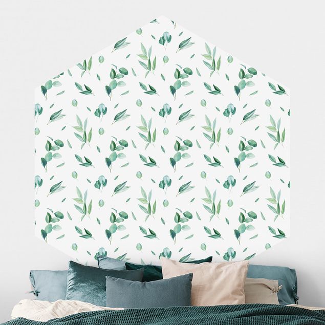 Hexagonal wallpapers Watercolor Pattern Leaves And Eucalyptus