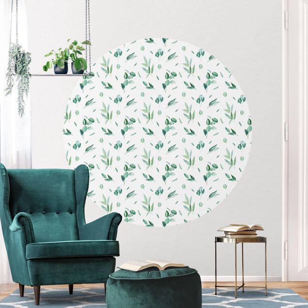 Self-adhesive round wallpaper - Watercolor Pattern Leaves And Eucalyptus