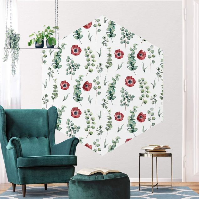 Self-adhesive hexagonal wall mural - Watercolor Pattern Eucalyptus And Flowers