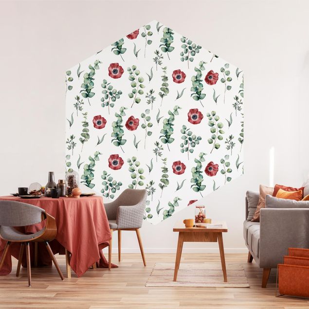 Self-adhesive hexagonal pattern wallpaper - Watercolor Pattern Eucalyptus And Flowers