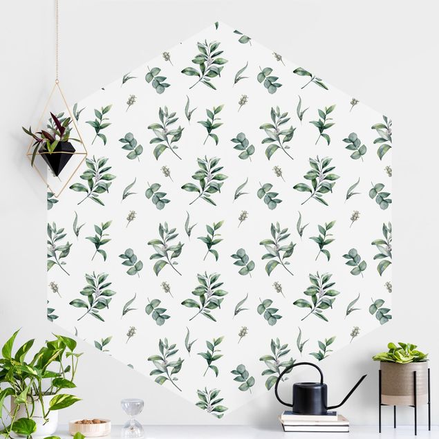 Hexagonal wall mural Watercolor Pattern Branches And Leaves