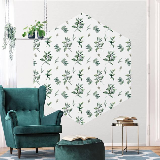 Self-adhesive hexagonal wall mural - Watercolor Pattern Branches And Leaves