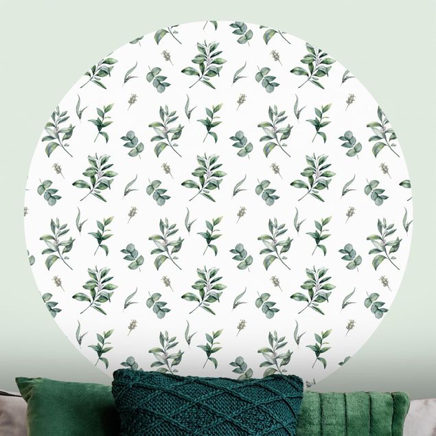 Self-adhesive round wallpaper - Watercolor Pattern Branches And Leaves