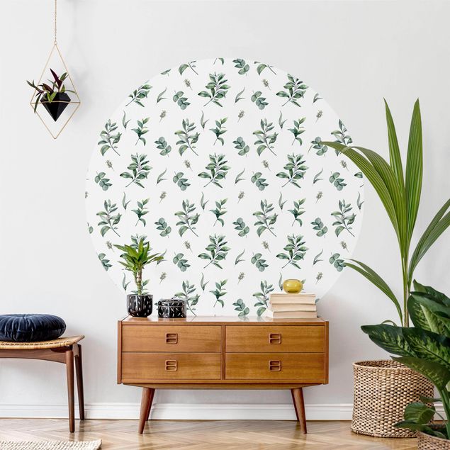 Self-adhesive round wallpaper - Watercolor Pattern Branches And Leaves