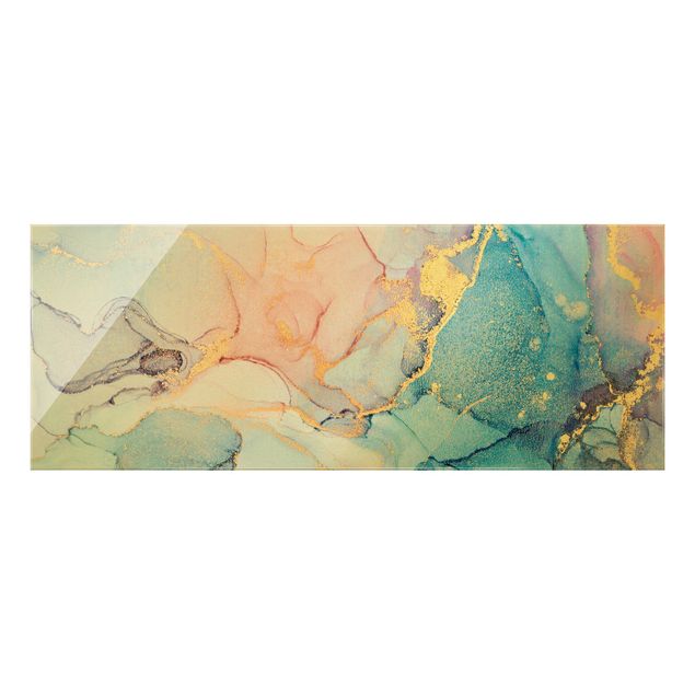 Glass print - Watercolour Pastel Colourful With Gold - Panorama