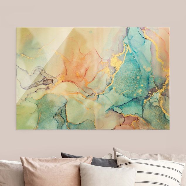 Glass print - Watercolour Pastel Colourful With Gold - Landscape format