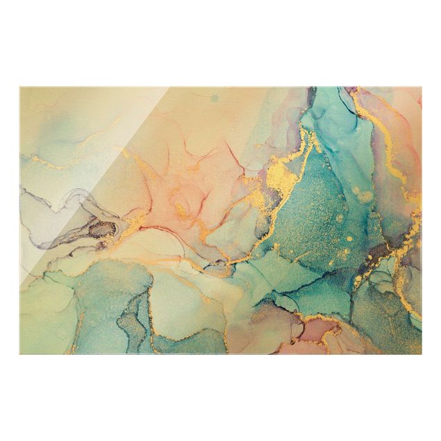 Glass print - Watercolour Pastel Colourful With Gold - Landscape format