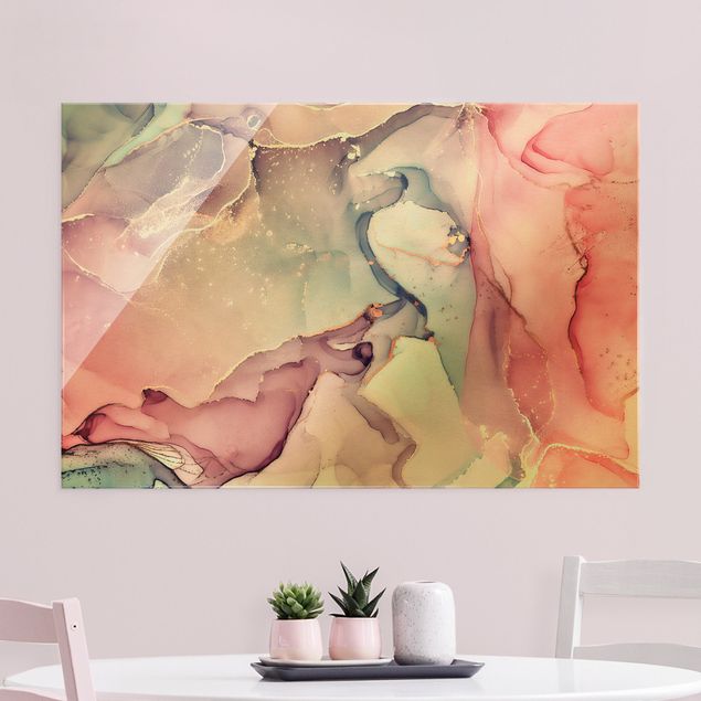 Glass print - Watercolour Pastel Pink With Gold - Landscape format