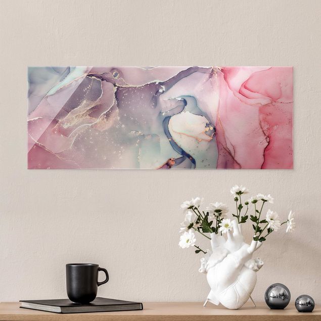 Glass print - Watercolour Pastel Pink With Gold - Panorama