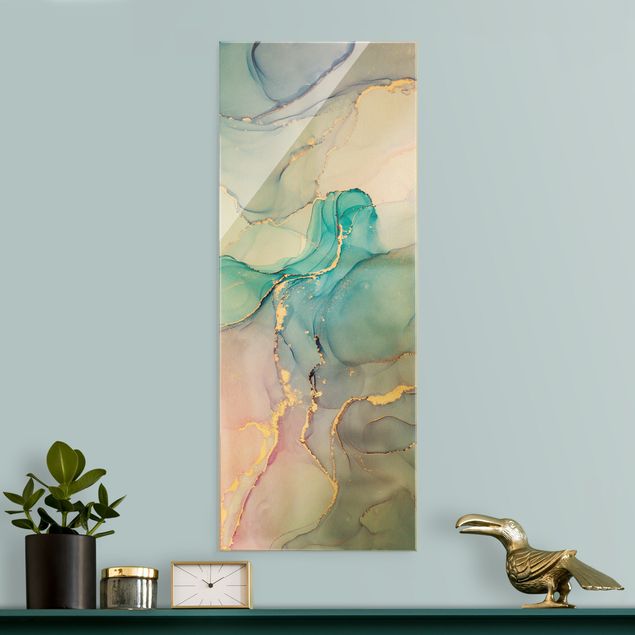 Glass print - Watercolour Pastel Turquoise With Gold - Portrait format