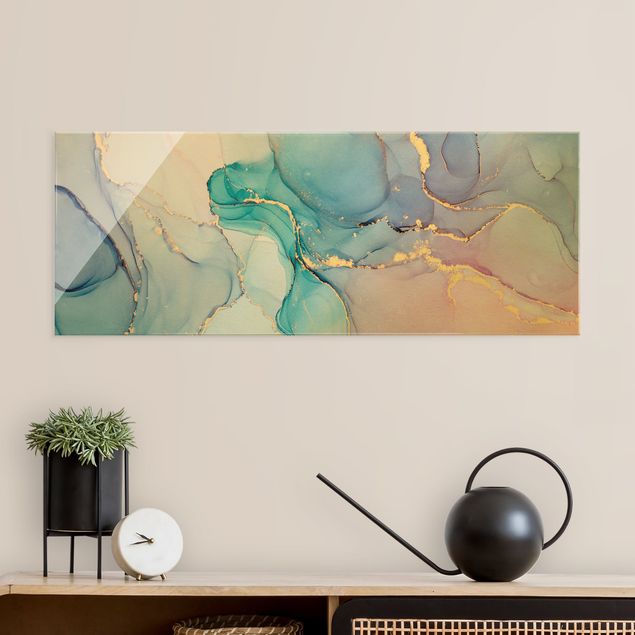Glass print - Watercolour Pastel Turquoise With Gold - Panorama