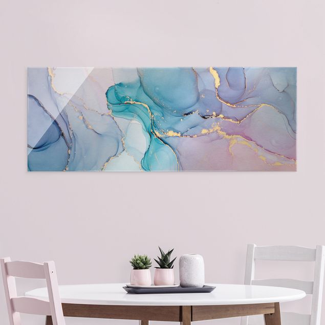 Glass print - Watercolour Pastel Turquoise With Gold - Panorama