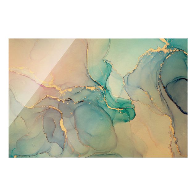Glass print - Watercolour Pastel Turquoise With Gold - Landscape format