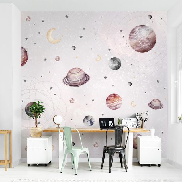 Wallpaper - Planets, Moon And Stars In Watercolour