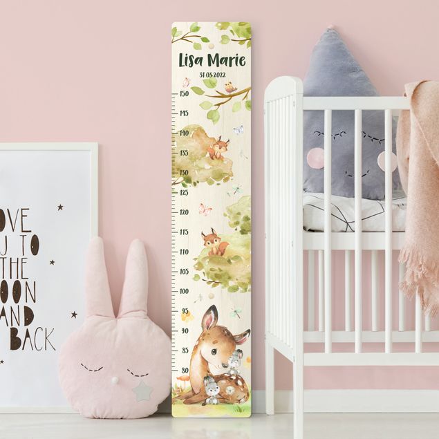 Wooden height chart for kids - Watercolour deer with custom name