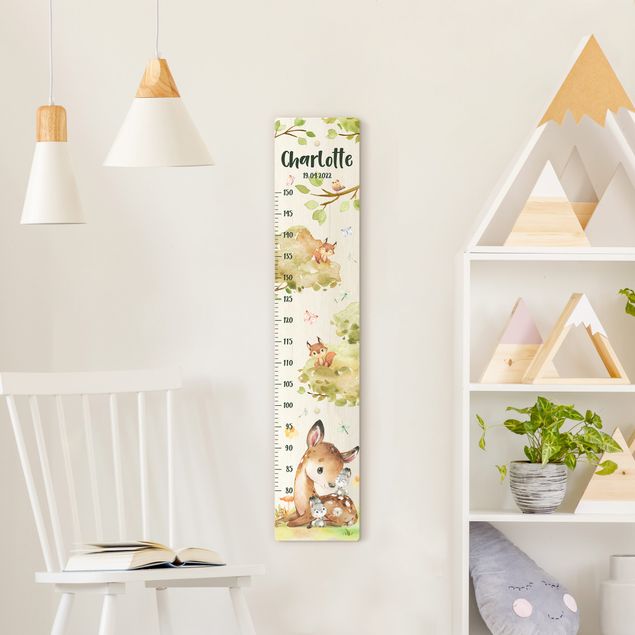Wooden height chart for kids - Watercolour deer with custom name