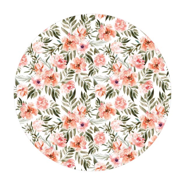 Vinyl Floor Mat round - Watercolour Pink Flowers In Front Of White