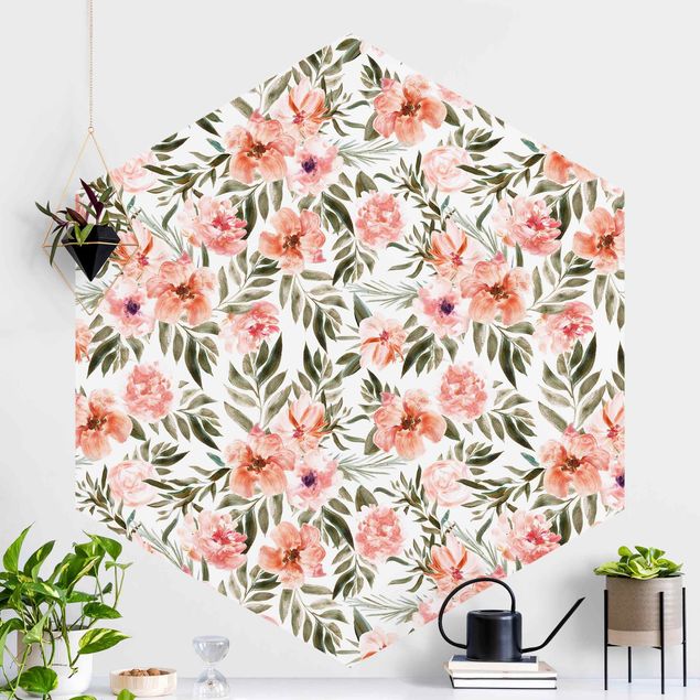 Hexagonal wallpapers Watercolour Pink Flowers In Front Of White