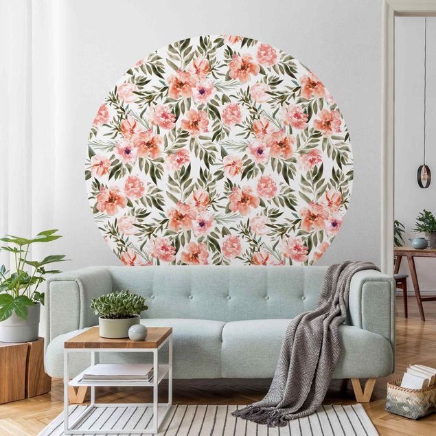 Self-adhesive round wallpaper - Watercolour Pink Flowers In Front Of White